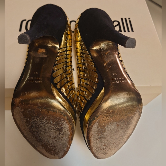 Showstopping Gold Black Suede ROBERTO CAVALLI Peeptoe Metallic Stiletto Pump 39 - Picture 8 of 10